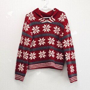 Vintage Women Made Korea Red 100% Wool Snowflake Sweater Size S